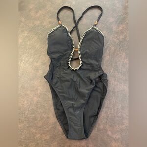 Plunge Bead Detail Extra High Leg One Piece Swimsuit Shade & Shore Black S